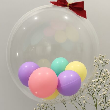 Διαφανές Μπαλόνι Bubble με Παστέλ Μπαλονάκια & Κόκκινη Κορδέλα